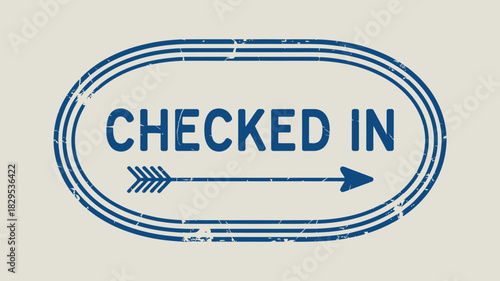 A blue checked in text with arrow in oval shape with triple line border on a light beige background