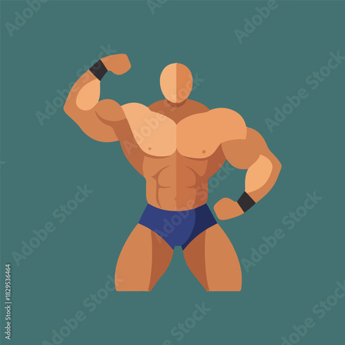 A bodybuilder with huge muscles is posing with his arms raised, flexing his biceps, wearing a blue swimsuit.