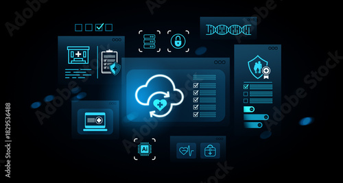 Wallpaper Mural Digital healthcare cloud data security system interface with futuristic icons and blur effect on dark blue background concept layout design.. 3D Rendering Torontodigital.ca