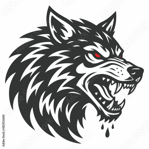 Fierce wolf head with red eyes and bared teeth dripping saliva