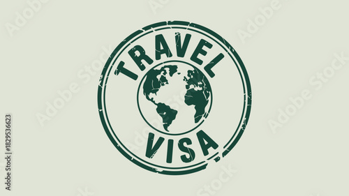A green travel visa stamp with a world globe in the center on a light background image design art