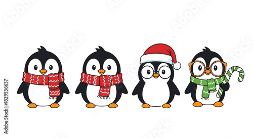 A delightful group of four cartoon penguins dressed in festive winter and holiday attire, featuring colorful scarves, a Santa hat, glasses, and a candy cane.