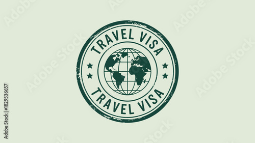 A green travel visa stamp with a globe and stars on a light background in a circular design style