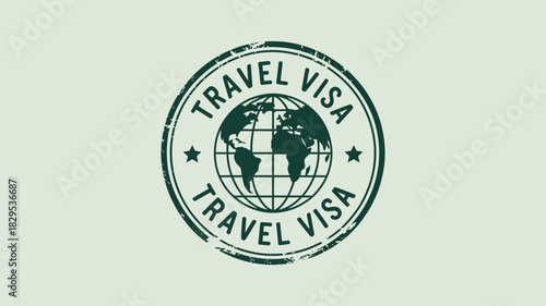 A green travel visa stamp with a globe and stars on a light green background in a circular design