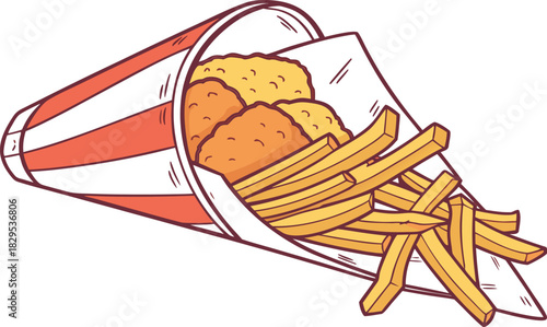 Tasty cartoon vector illustration of french fries with ketchup and cola snack meal