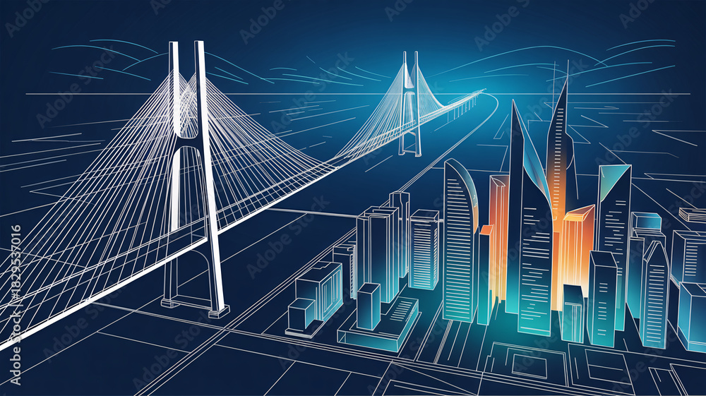Fototapeta premium Explore the future with this modern city skyline blueprint featuring a stunning suspension bridge and vibrant urban architecture, perfect for technology and engineering themes