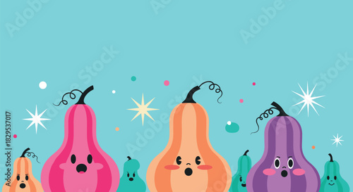 Adorable cartoon colorful gourds and pumpkins with surprised faces and sparkling decorative elements on a vibrant blue background.