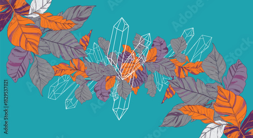 A decorative vector illustration featuring colorful autumn leaves and geometric crystal outlines symmetrically arranged on a teal background.