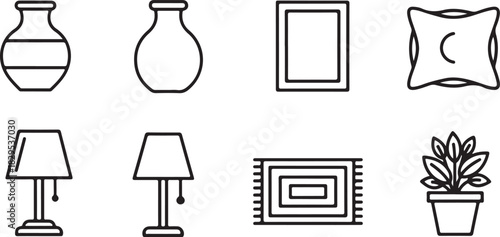 Collection of eight outline icons for home furnishings and decorative items furniture