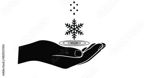 Open hand holds a delicate snowflake and falling water droplets in a symbolic gesture of care and nature