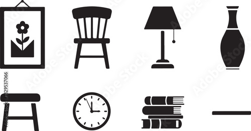 Collection of Household Furniture and Decorative Objects Icons chair stool