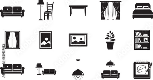 Collection of interior design icons in black and white on white background Keywords: sofa, chair