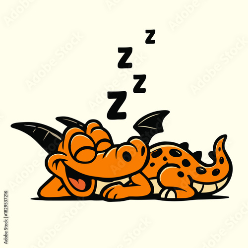 Cartoon dragon mascot peacefully sleeps, dreaming of adventure