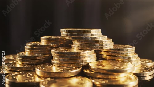 Close-up slow motion dolly shot of highly polished metallic currency disks stacking rhythmically, symbolizing steady capital accumulation and profit increase cinematic, finance, economy
