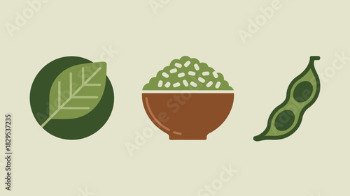 Illustration of a leaf in a circle, a bowl of green food, and a pod, all on a light background