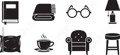 Eight black silhouette icons related to home comfort and reading book rolled blanket