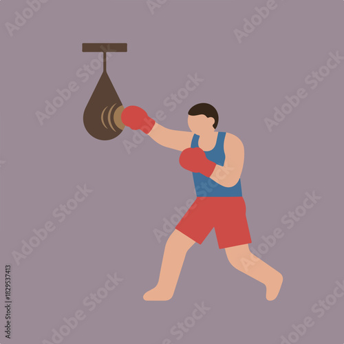 An illustration shows a boxer wearing red gloves, a blue tank top, and red shorts punching a speed bag against a light purple background.