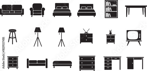 Group of fifteen black silhouette icons of furniture and home appliances decor