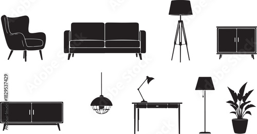 Group of furniture and home decor items in silhouette armchair sofa