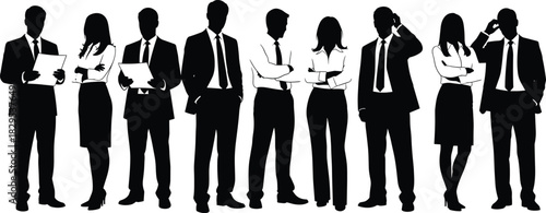 Business professionals standing together in formal attire discussing documents, teamwork collaboration, corporate communication, leadership concepts, office workplace group silhouette illustration