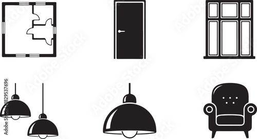 Interior Design Icons Floor Plan Door Window Pendant Lights Armchair blueprint house plan