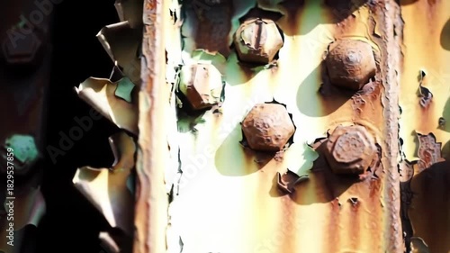 Close-up of rusty bolts and peeling paint on aged metal beams