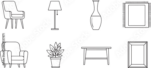 Line Art Illustrations of Furniture, Home Decor, and Objects drawing sketch