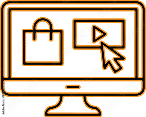 Computer screen showing shopping bag and play button