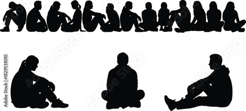 Silhouette group of people sitting in various poses, depicting relaxation, waiting, contemplation, teamwork, community gathering, outdoor meeting, and social connection