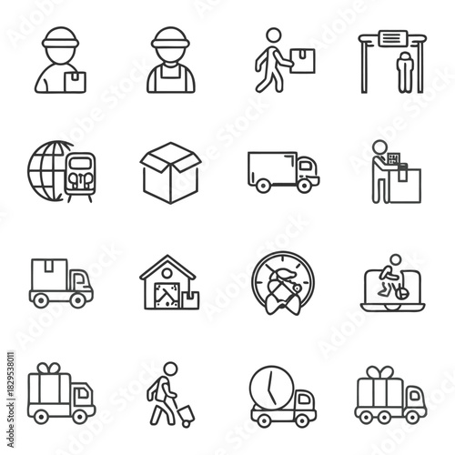 A set of package delivery icons. The icons include deliverymen, couriers, packages, delivering packages to homes, air freight, packages being delivered on a dolly, customers, tracking package delivery