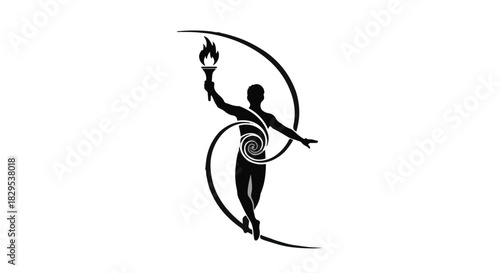 Silhouette of a figure holding a torch, symbolizing progress and enlightenment, within a swirling abstract design.