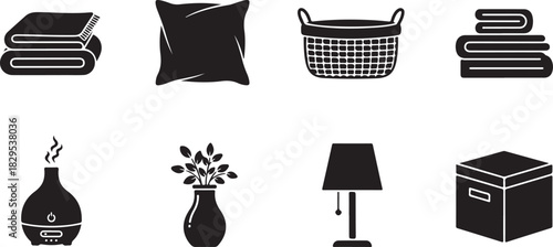 Set of Home Decor and Comfort Icons in Silhouette blanket pillow