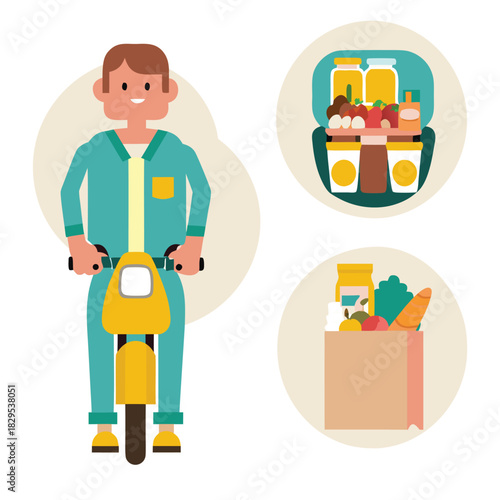Goods and foods transportation flat vector illustrations set. Caucasian man on motorbike. White deliveryman with food package. Male bike courier in red uniform isolated cartoon one character kit
