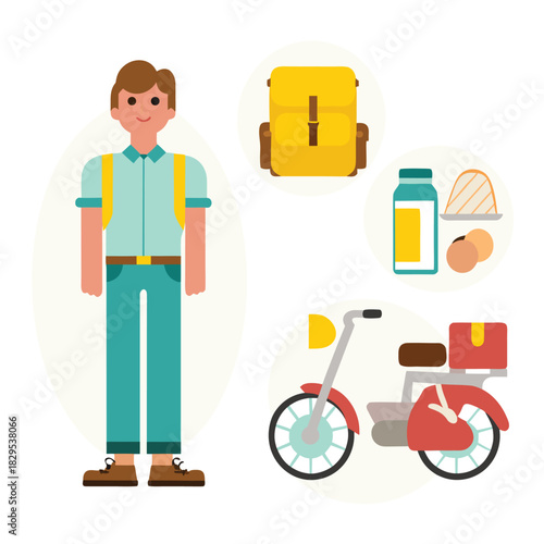 Goods and foods transportation flat vector illustrations set. Caucasian man on motorbike. White deliveryman with food package. Male bike courier in red uniform isolated cartoon one character kit
