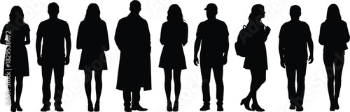 Silhouette group of diverse men and women standing in various poses representing modern people, human figures, fashion outlines, urban lifestyle concept