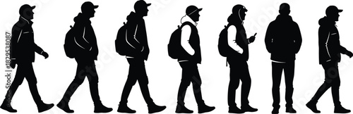 Silhouette group of people walking in different poses with backpacks, showing urban movement, daily routine, modern lifestyle, transportation and travel activity