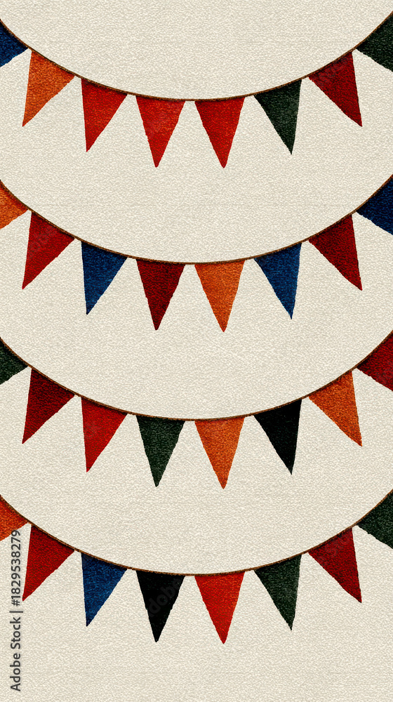 Obraz premium Multiple Rows of Autumn Colored Bunting Flags on a Textured Cream Background