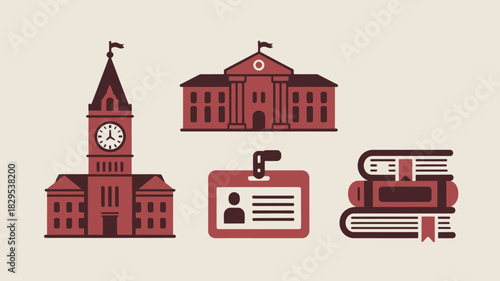 Illustration of university buildings, books, and id badge on a light beige background flat design