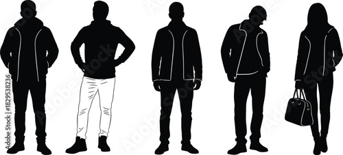 Silhouette illustration of stylish men and women standing in casual winter outfits, modern fashion poses, urban clothing design, contemporary vector art