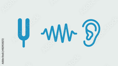 A simple illustration of a tuning fork a sound wave and an ear in blue on a light gray background