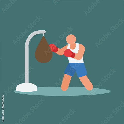 A cartoon illustration shows a boxer wearing blue shorts, a white tank top, and red gloves, punching a teardrop-shaped brown punching bag on a light gray stand.