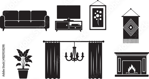 Silhouette Icons of Living Room and Home Interior Elements sofa couch