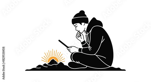 Young person contemplating digital device in thoughtful pose with sunrise behind low hills.