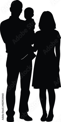 Silhouette of a family standing together showing father mother and child unity parental love bonding concept isolated on white background