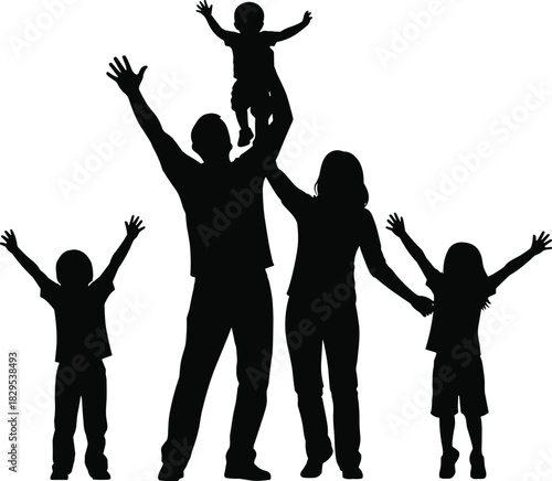 Silhouette of a happy family raising their arms together, celebrating unity, joy, love, and positive bonding in an uplifting outdoor scene