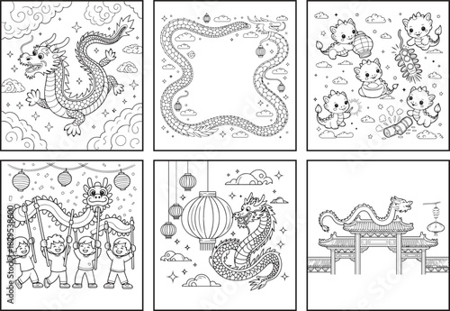 Happy Chinese new year with beautiful dragon, lantern and temple coloring page bundle for kids, black line art vector illustration doodle set