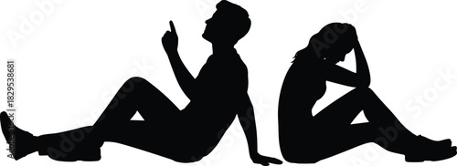 Silhouette of upset couple sitting back to back after argument, relationship conflict, emotional tension, stress communication problem, unhappy man and woman illustration