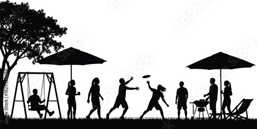 Silhouette of people enjoying outdoor activities with swing, umbrellas, frisbee game, barbecue, and relaxing picnic scene in a family-friendly garden setting