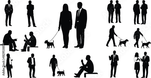 Silhouettes of business people and casual individuals walking, talking, sitting, and walking dogs in various everyday urban lifestyle scenes, isolated.