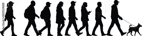 Silhouettes of diverse people walking in a row outdoors, including individuals with backpacks, a person using a phone, and someone walking a dog.